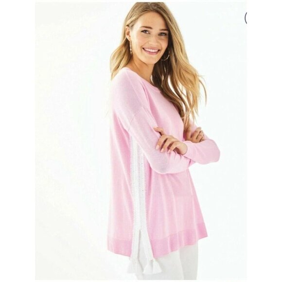Lilly Pulitzer Pink Coolmax Damara Sweater White Crochet Tassels Top Small - Picture 1 of 7